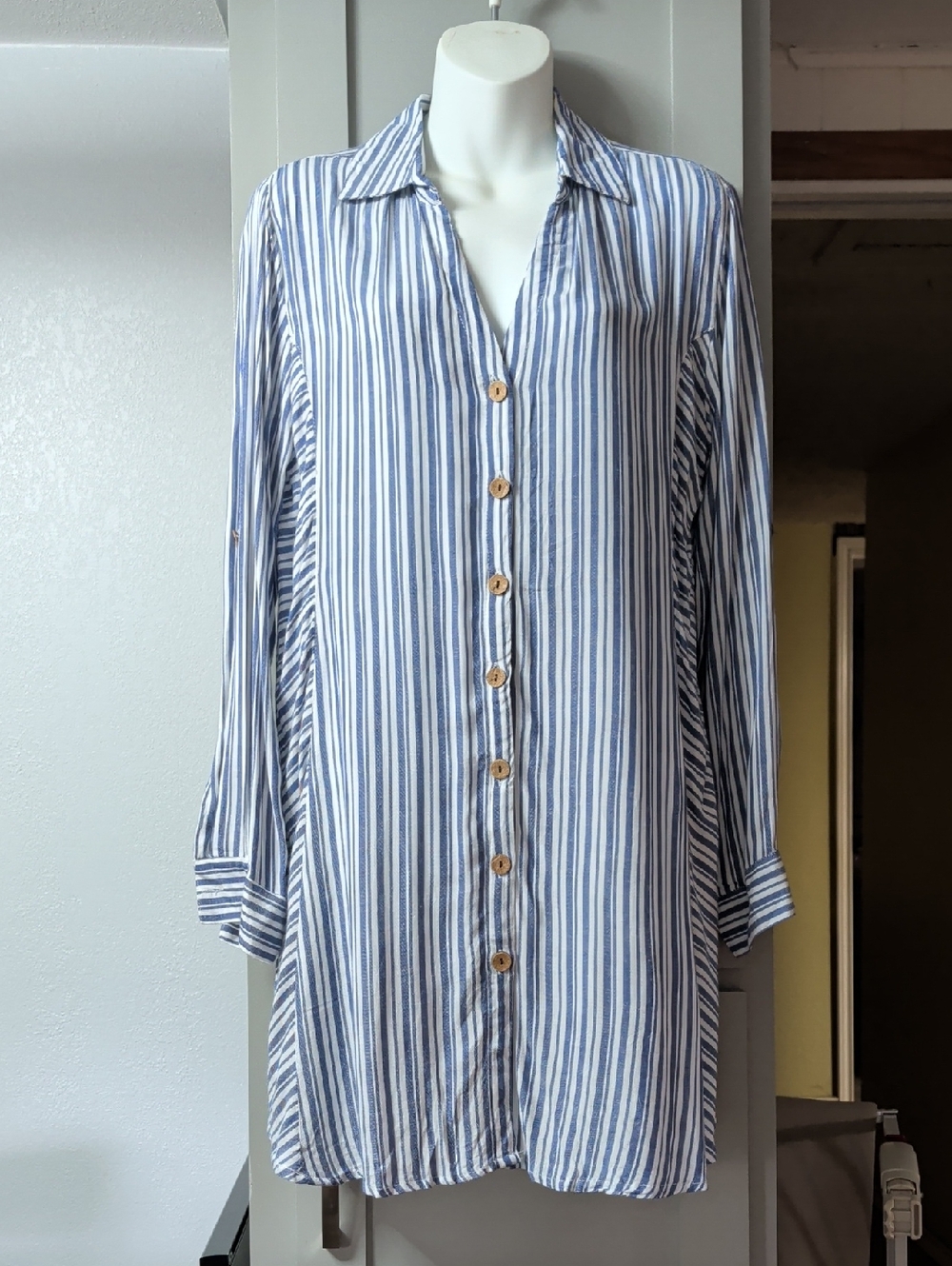 Club Z Collection Striped Button-Up Shirt in Blue and White